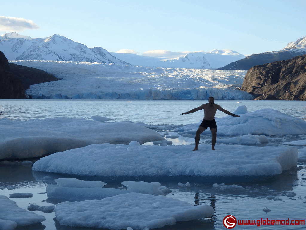 Surfing on a glacier in Patagonia swimming pete tryon Globemad
